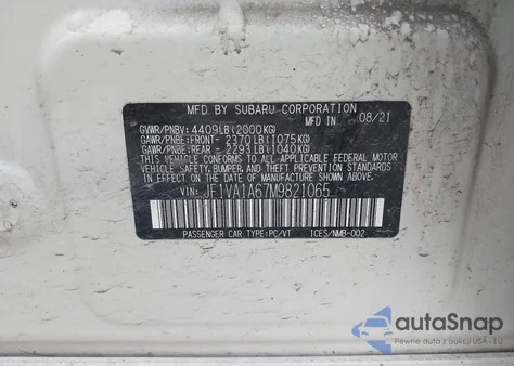 2021 Subaru Wrx из США, поврежденный, VIN JF1VA1A67M9821065